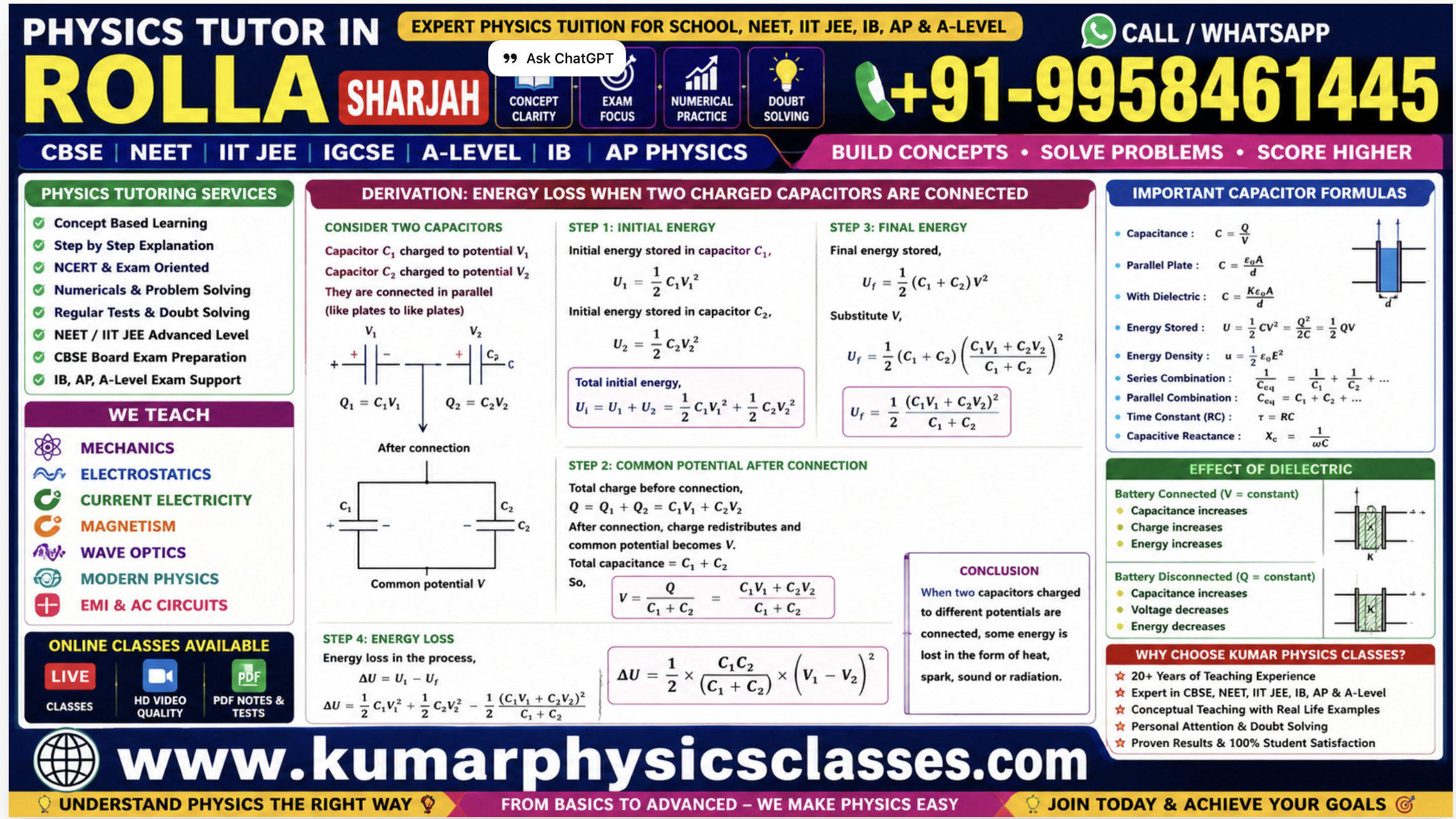 Physics Tutor in Rolla Sharjah capacitor energy loss derivation by Kumar Physics Classes