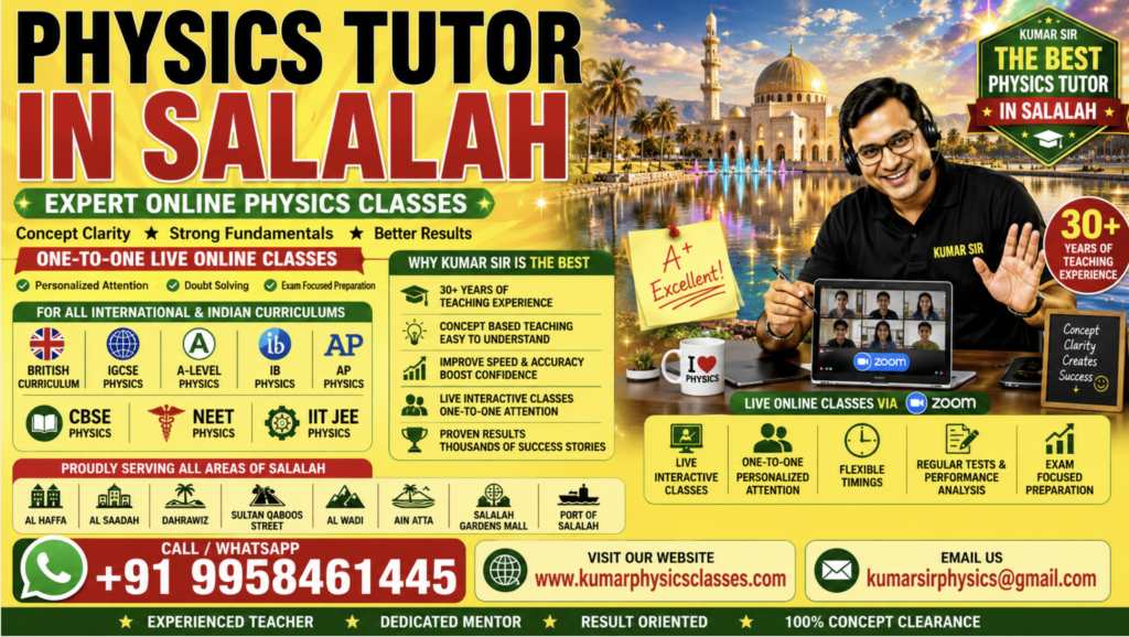 Physics Tutor in Salalah poster featuring Kumar Sir’s online Physics coaching for IGCSE, A-Level, IB Physics, AP Physics, CBSE, NEET, and IIT-JEE students with bright yellow, red, and green design and bold contact details.