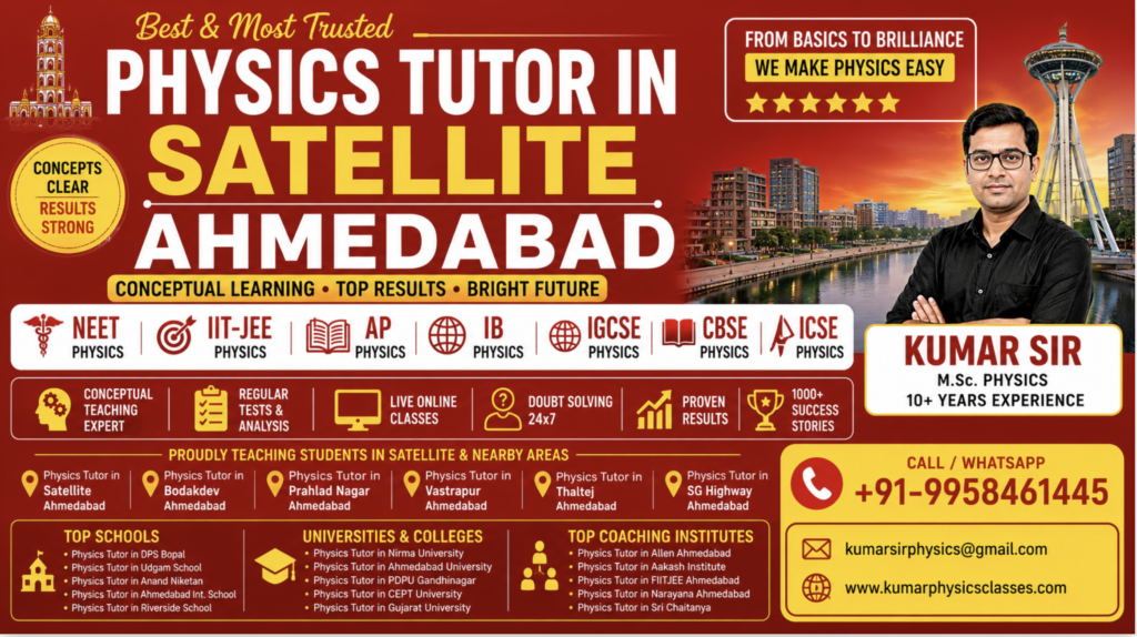 Physics Tutor in Satellite Ahmedabad promotional banner in red and yellow Ahmedabad-style theme for NEET Physics, IIT-JEE Physics, AP Physics, IB Physics, IGCSE Physics, ICSE Physics and CBSE Physics by Kumar Physics Classes with contact number 9958461445 and email kumarsirphysics@gmail.com