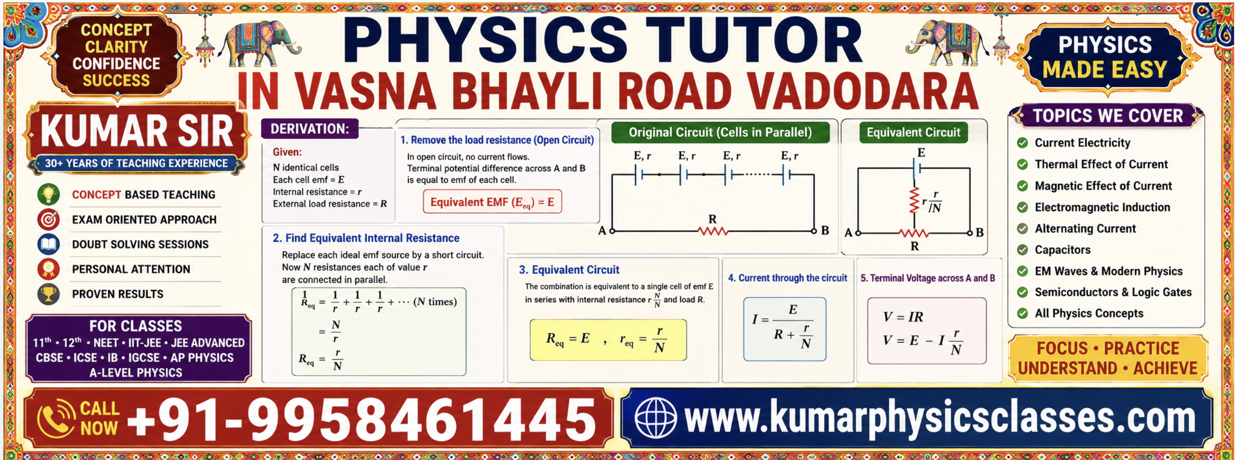Physics Tutor in Vasna Bhayli Road Vadodara poster showing Kumar Sir Physics Classes, NEET IIT-JEE Physics coaching, cells in parallel derivation, current electricity concepts and contact details.