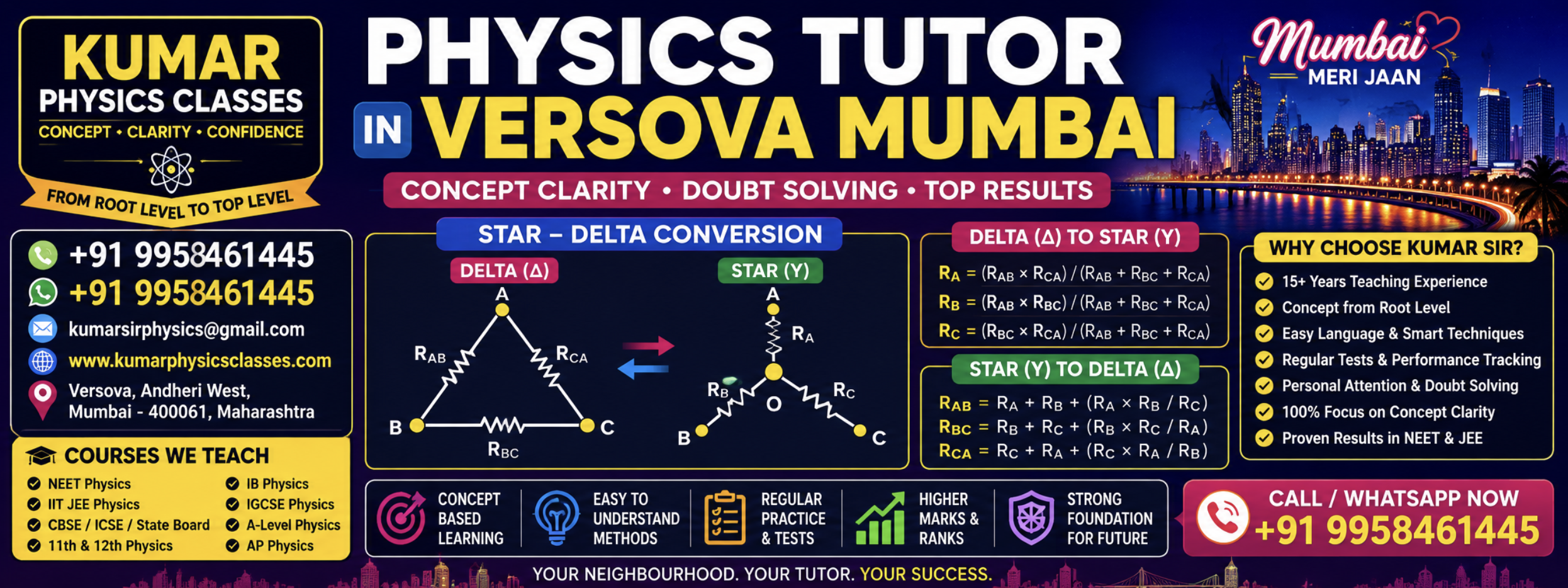 Physics Tutor in Versova Mumbai by Kumar Physics Classes with Star Delta Conversion formulas