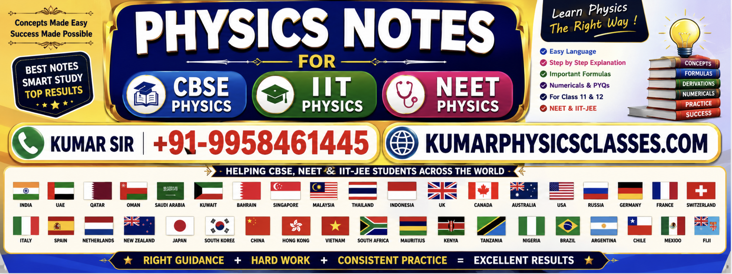 Physics Notes for CBSE, IIT-JEE and NEET students with chapter-wise notes, formulas, derivations, practice questions and worldwide learning support by Kumar Physics Classes.