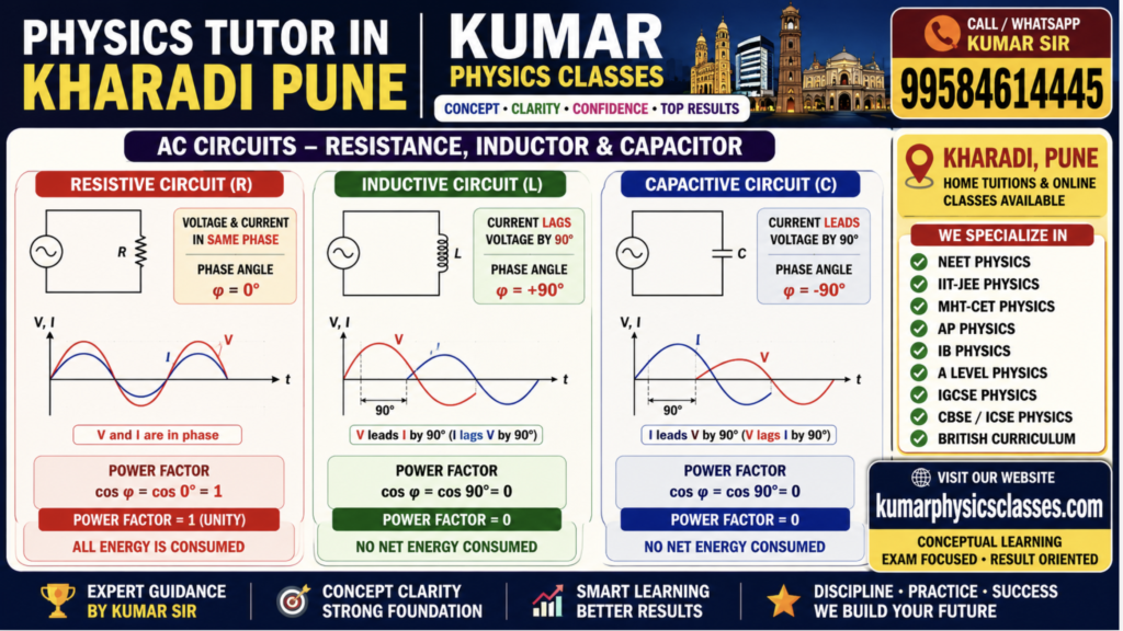 16:9 Physics Tutor in Kharadi Pune infographic showing resistive, inductive, and capacitive AC circuits with phase angle diagrams, power factor comparison, large contact number, and Kumar Physics Classes website in colorful Pune-style educational design.