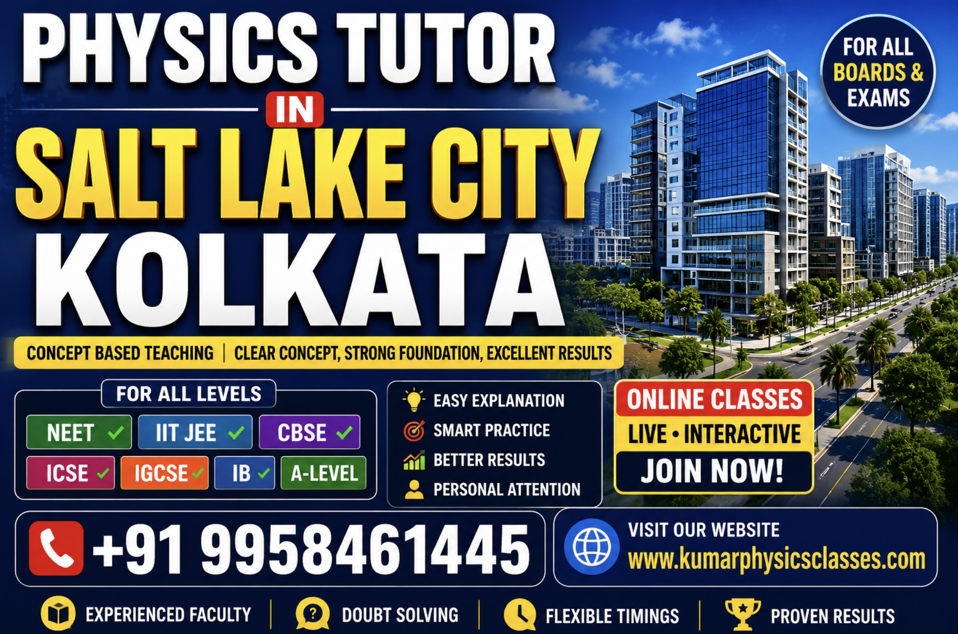 Physics Tutor in Rajarhat Kolkata banner for NEET, IIT JEE, CBSE, ICSE, IB and A-Level Physics classes by Kumar Sir with contact number and website.