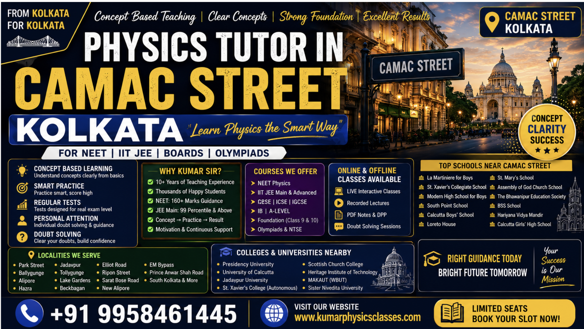 Physics Tutor in Camac Street Kolkata banner for NEET, IIT JEE, CBSE, ICSE, IB and A-Level Physics coaching with Kolkata heritage background and concept-based learning.