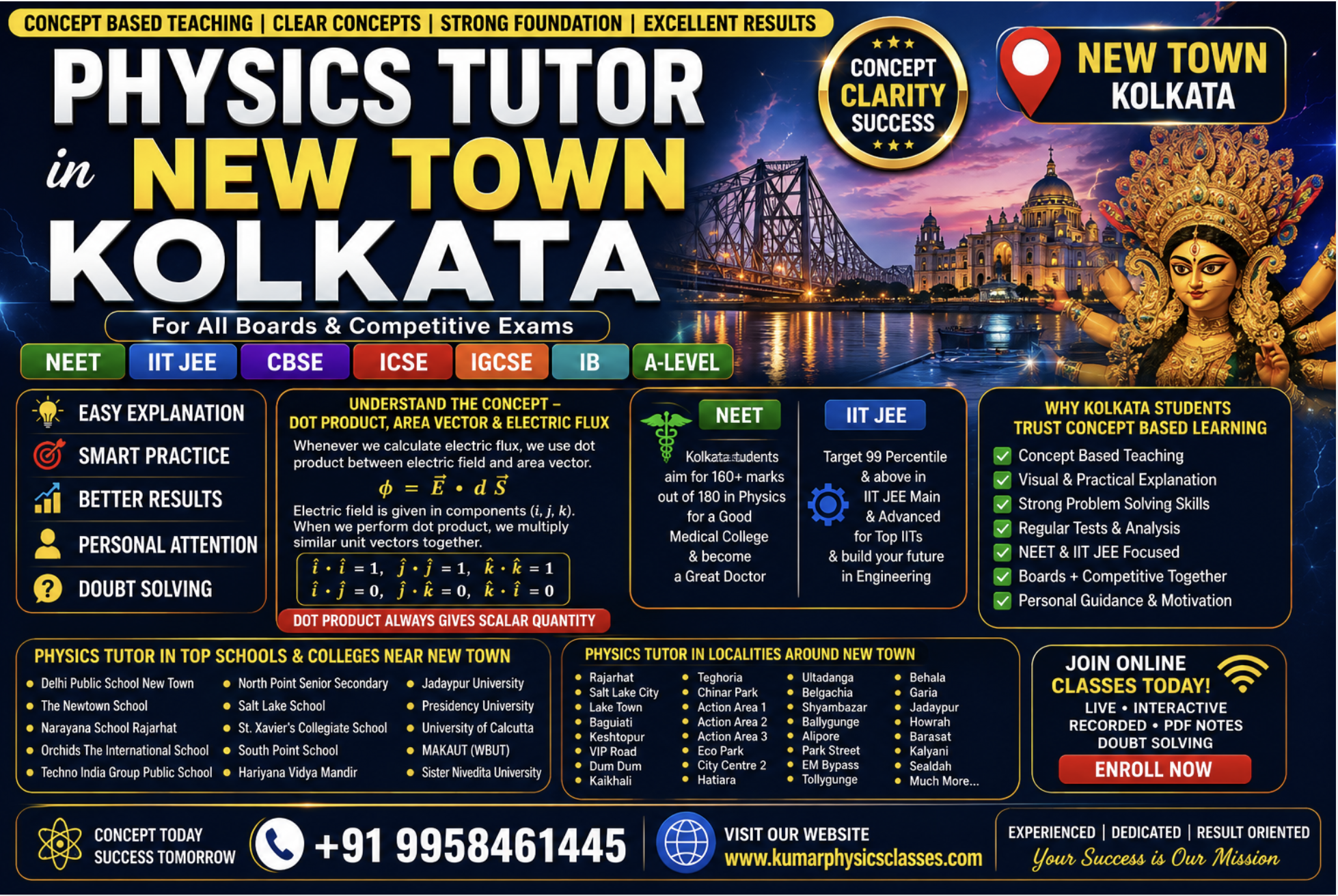 Physics Tutor in New Town Kolkata poster for NEET, IIT JEE, CBSE, ICSE, IB and A-Level Physics coaching with Kolkata skyline, concept-based teaching and online classes.
