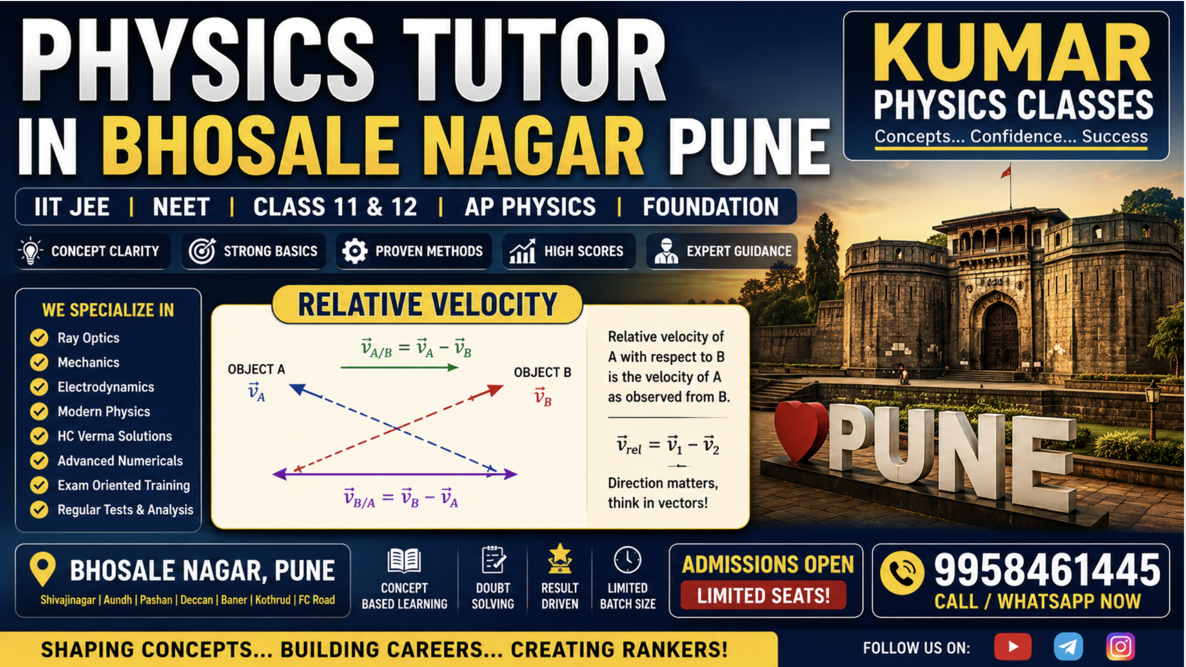 Physics Tutor in Bhosale Nagar Pune banner showing relative velocity concept, IIT JEE and NEET Physics coaching by Kumar Physics Classes.
