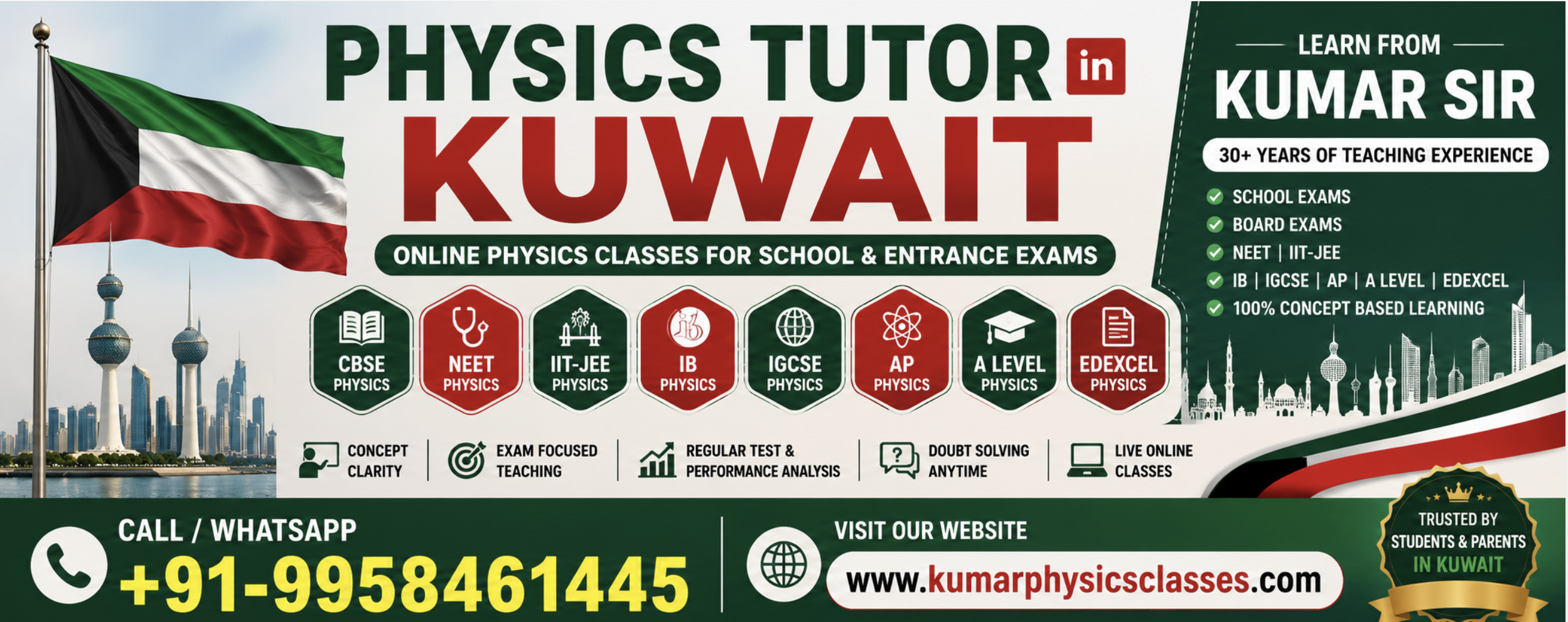 Physics Tutor in Kuwait online classes for CBSE, NEET, IIT JEE, AP, IB, IGCSE, A Level and Edexcel Physics by Kumar Sir