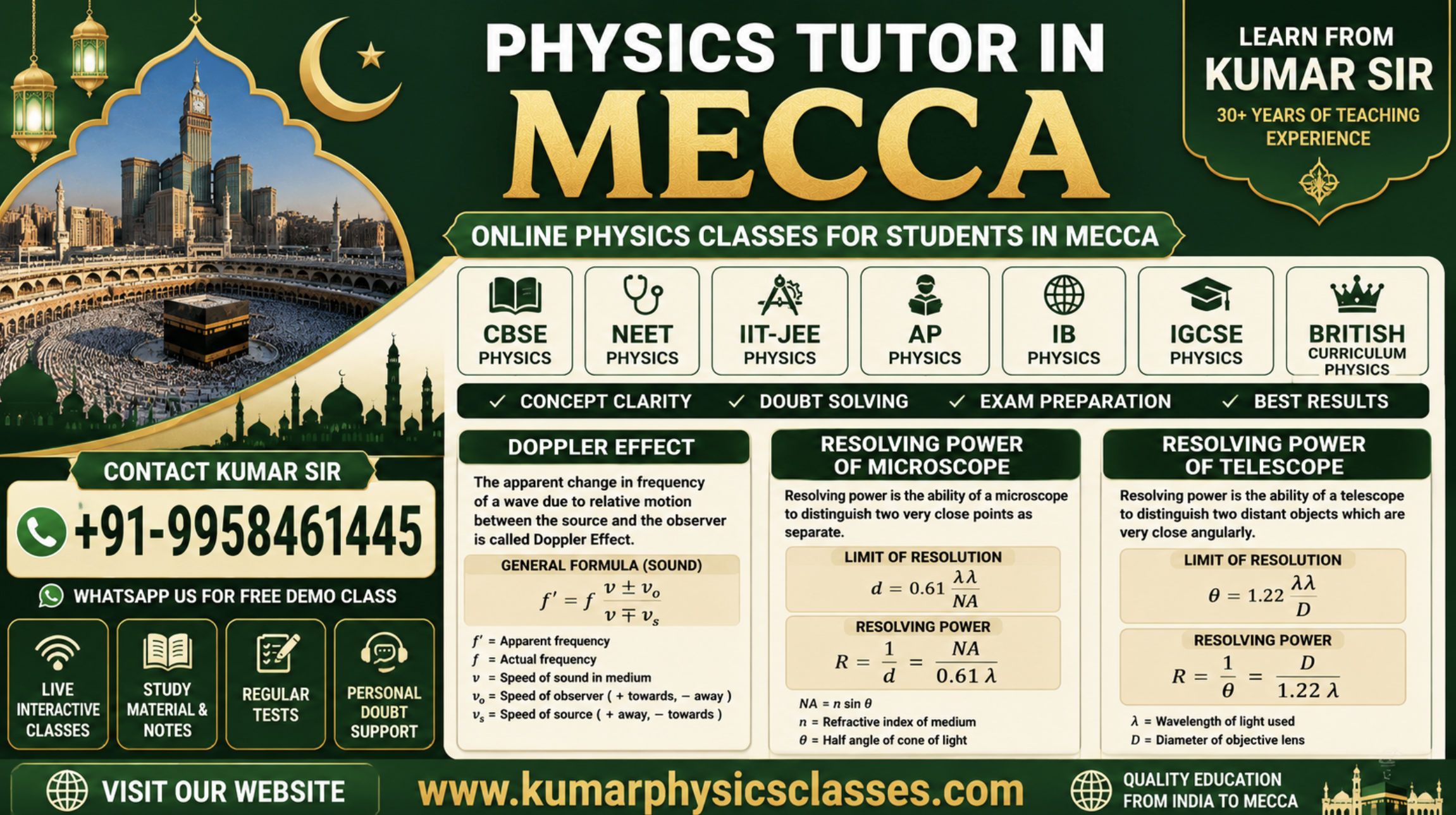 Physics Tutor in Mecca for CBSE, NEET, IIT-JEE, AP, IB and IGCSE Physics with Doppler Effect, microscope resolving power and telescope resolving power formulas