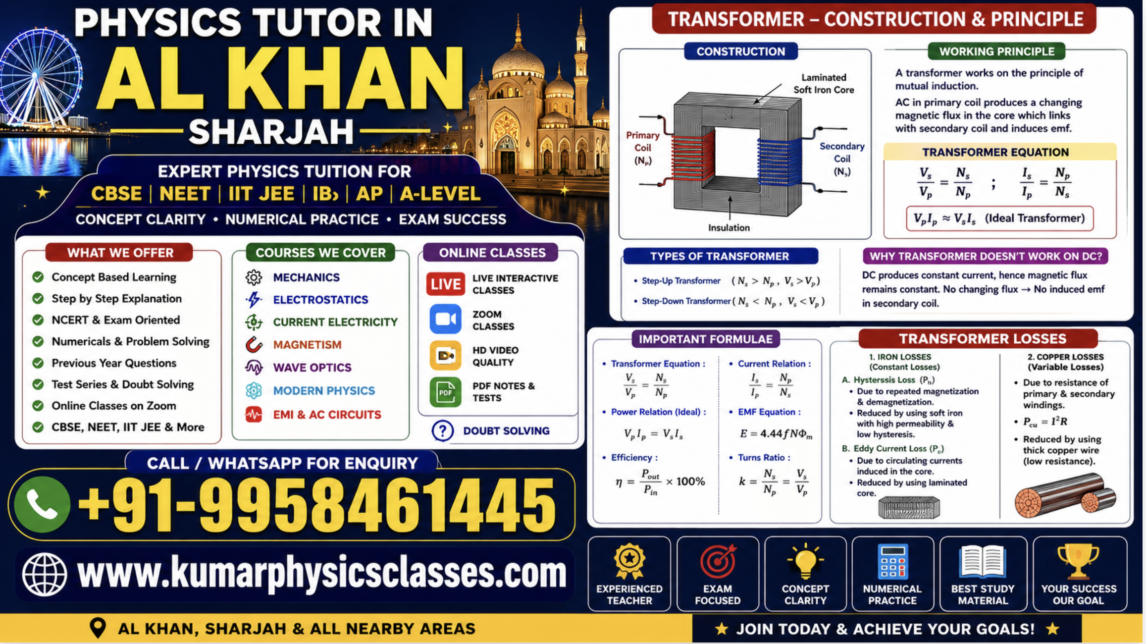 Physics Tutor in Al Khan Sharjah with transformer construction, principle, formulas and losses by Kumar Physics Classes