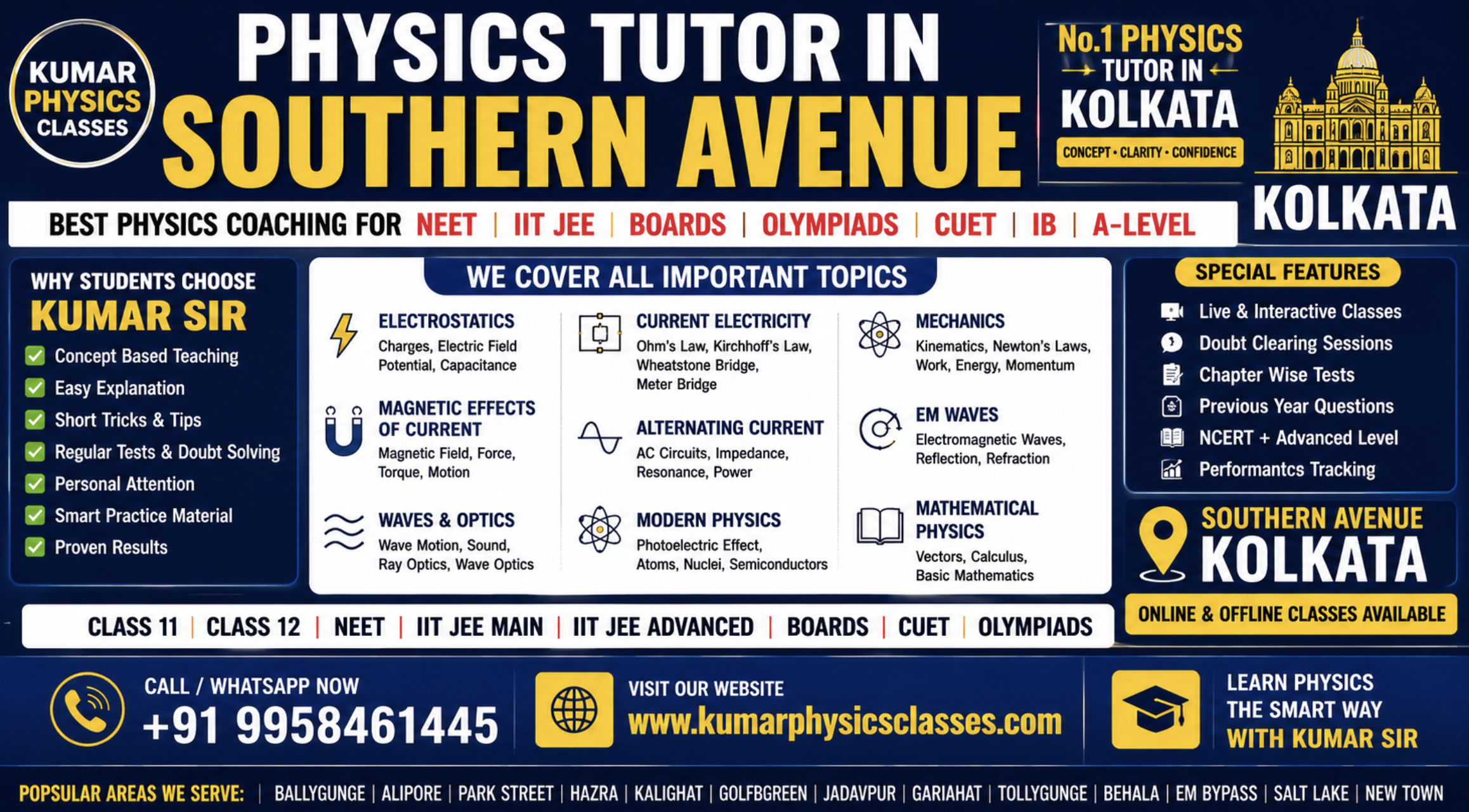 Physics Tutor in Southern Avenue Kolkata banner for NEET, IIT JEE, CBSE, ICSE, IB and A-Level Physics coaching with Kolkata style design, concept-based learning and contact details.