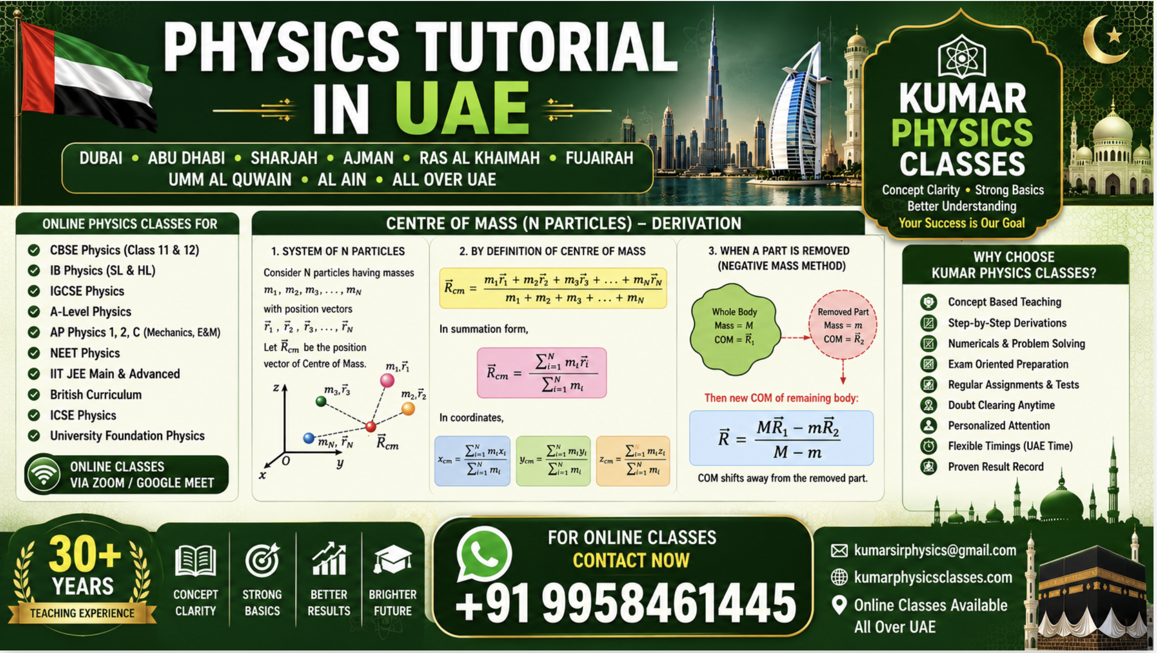 Physics Tutorial in UAE by Kumar Physics Classes with centre of mass derivation, online Physics classes for CBSE, IB, IGCSE, A-Level, NEET and IIT JEE students