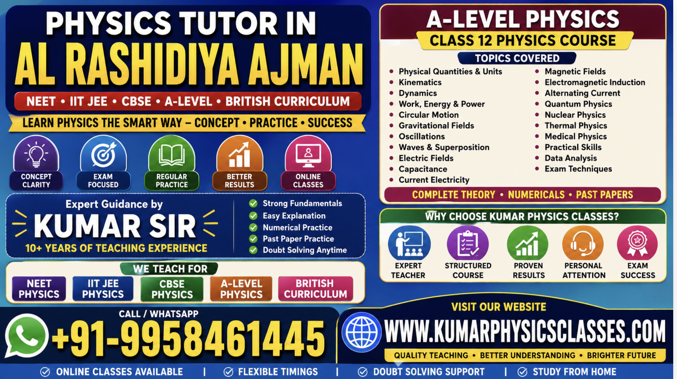 Physics Tutor in Al Rashidiya Ajman for A-Level Physics, NEET, IIT JEE and CBSE Physics by Kumar Sir
