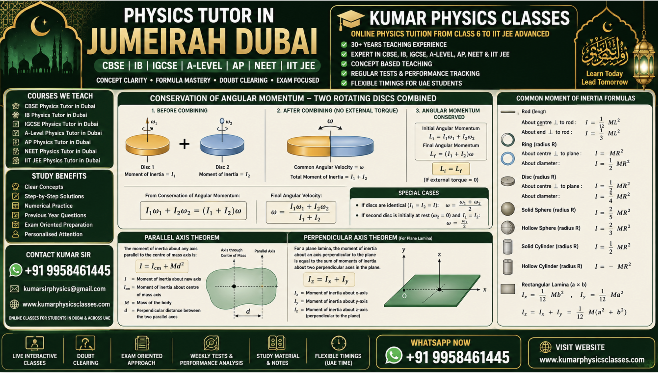 Physics Tutor in Jumeirah Dubai by Kumar Physics Classes with conservation of angular momentum for two rotating discs, parallel axis theorem, perpendicular axis theorem and moment of inertia formulas. Contact +91 9958461445.
