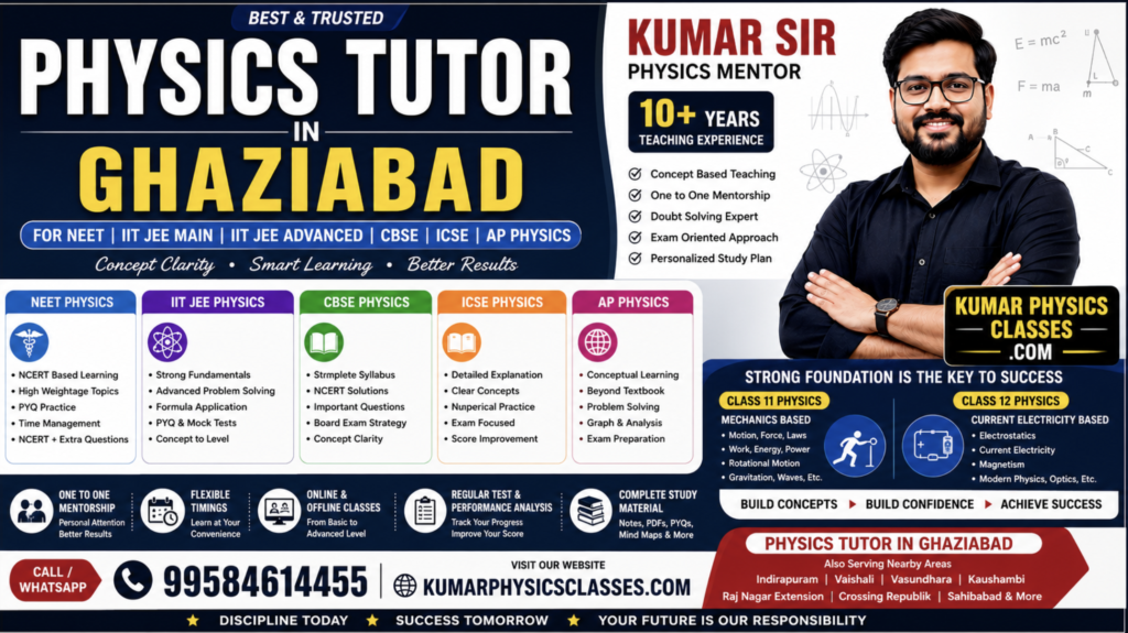 Physics Tutor in Ghaziabad banner by Kumar Sir for NEET, IIT JEE, CBSE, ICSE and AP Physics coaching with contact details and online classes.