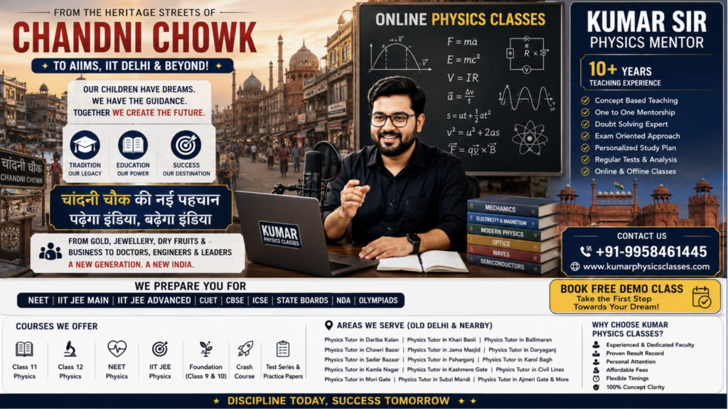 Physics Tutor in Chandni Chowk banner featuring Kumar Sir teaching online for NEET, IIT JEE, CBSE and ICSE students with Chandni Chowk historical background.