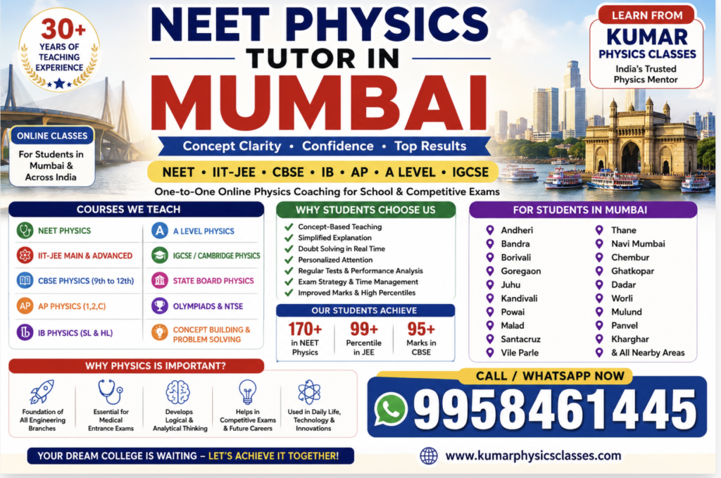 NEET Physics Tutor in Mumbai poster for online coaching by Kumar Physics Classes for NEET, IIT-JEE, IB, AP, A Level and IGCSE students.