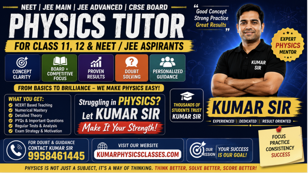 Physics tutor poster for NEET JEE and CBSE students by Kumar Sir with Physics guidance, doubt solving, and concept clarity