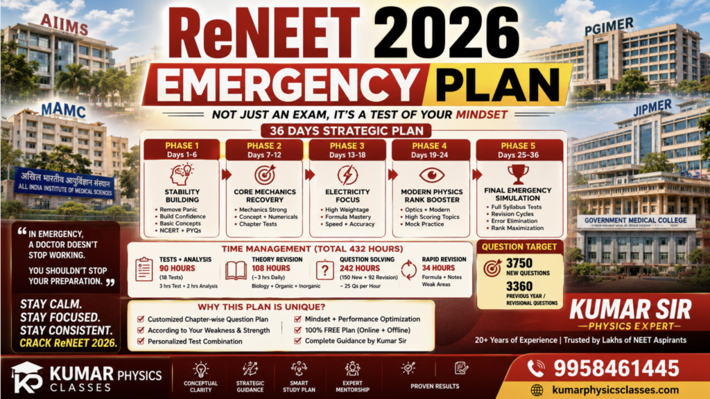 ReNEET 2026 Emergency Plan poster by Kumar Physics Classes for NEET students with 36 days strategy, Physics preparation roadmap, government medical colleges background, and contact number 9958461445