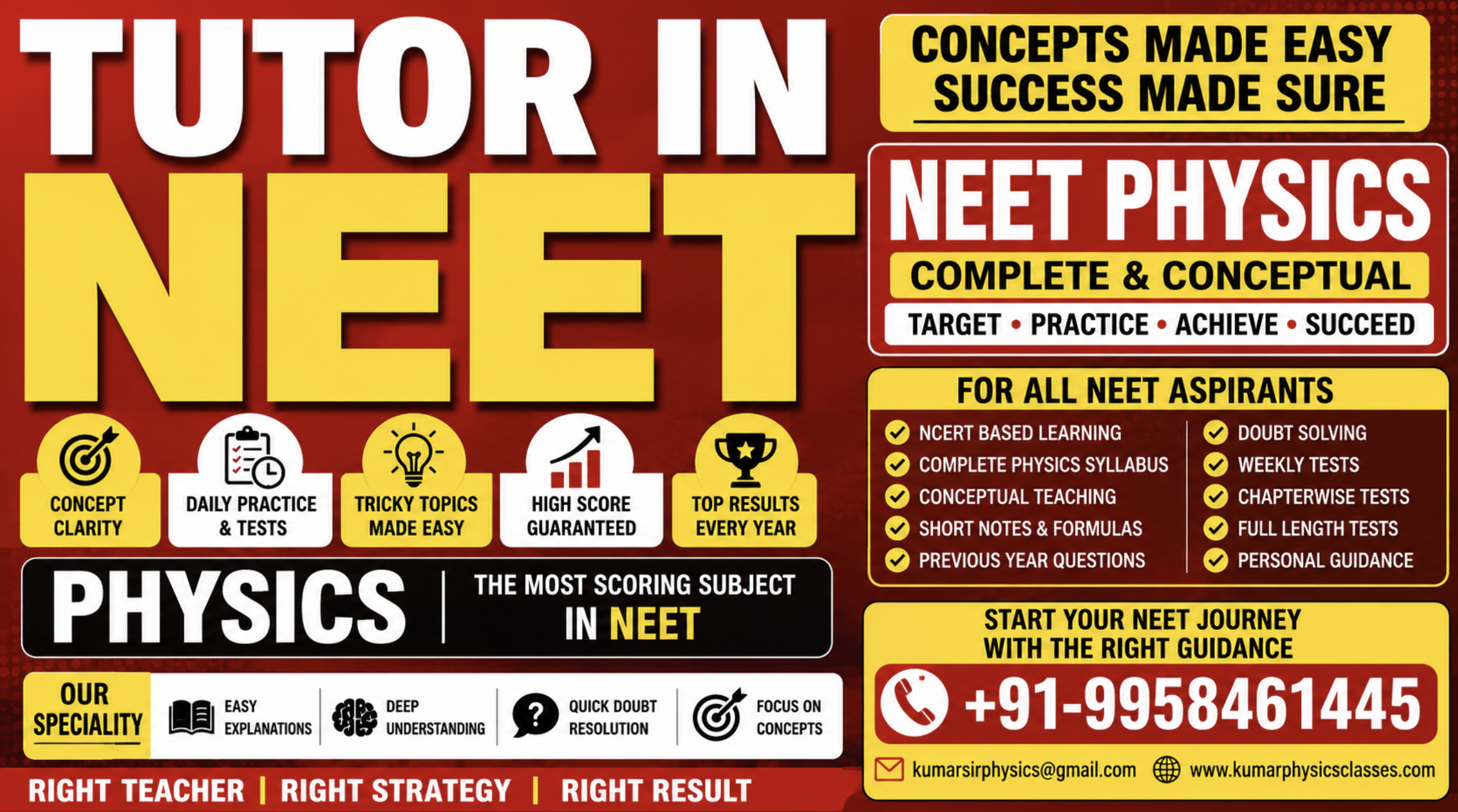 Students from Vastrapur Ahmedabad can directly study online Physics from Kumar Sir for NEET Physics, IIT-JEE Physics, AP Physics, IB Physics, IGCSE Physics and CBSE Physics with conceptual teaching, red and yellow educational banner design, contact number 9958461445 and email kumarsirphysics@gmail.com