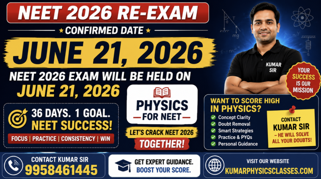 NEET 2026 Re-Exam June 21 poster with Physics guidance by Kumar Sir for NEET students preparing for Physics and doubt solving