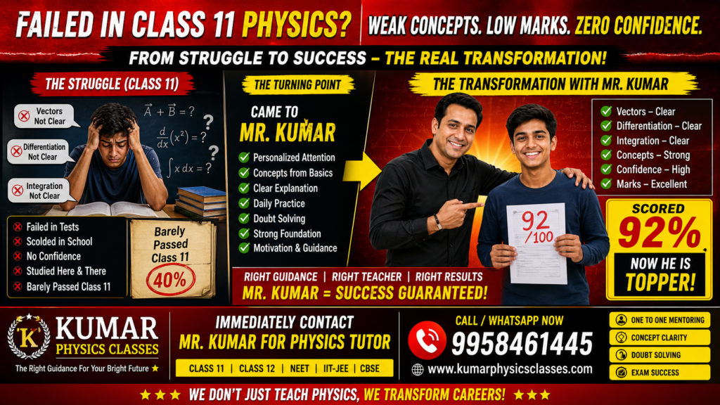 Physics tutor for Class 12 helping students improve weak concepts in vectors, differentiation, integration and mechanics through personalized mentoring by Kumar Physics Classes.