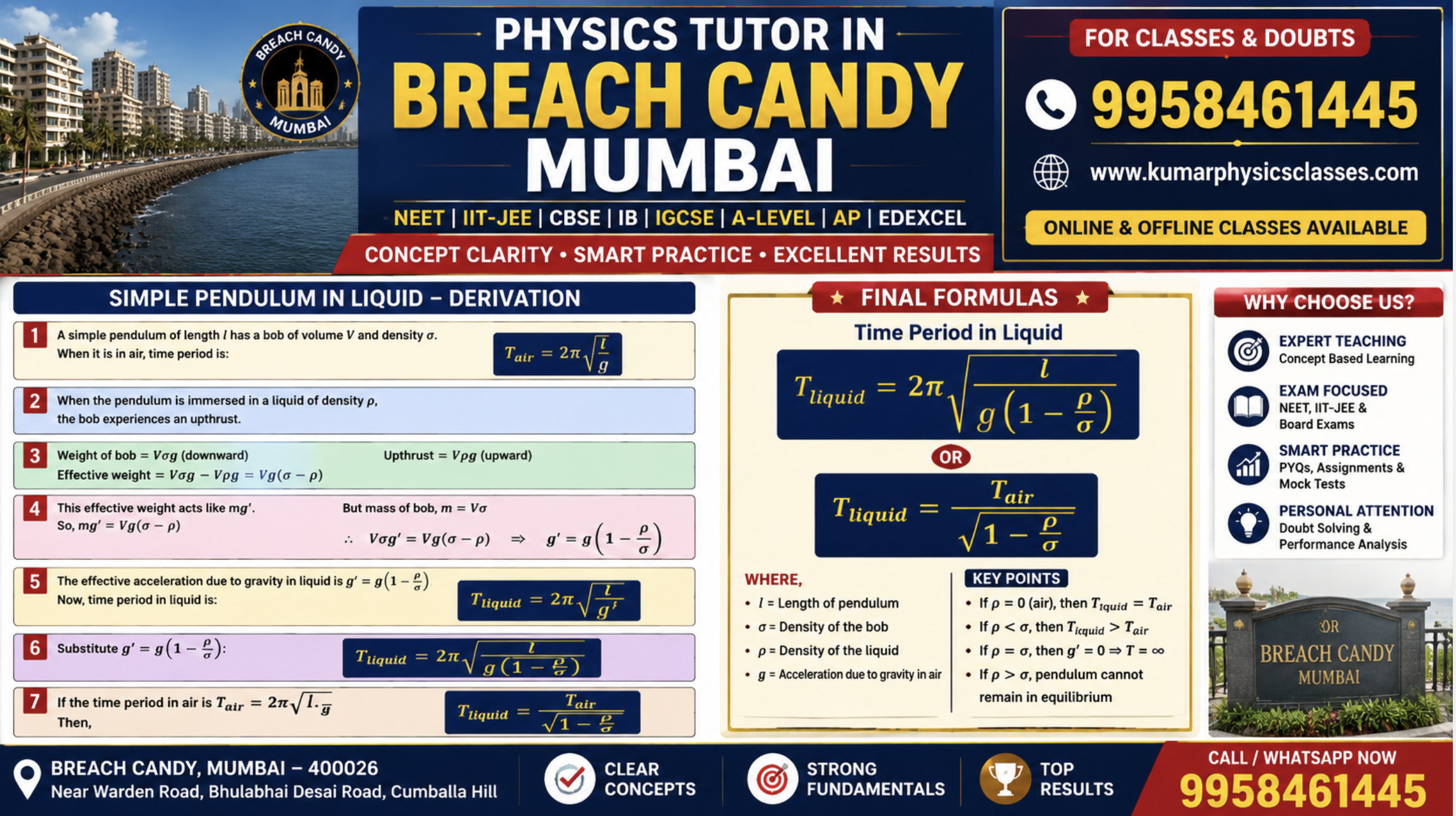 Physics Tutor in Breach Candy Mumbai for NEET, IIT JEE, CBSE, IB, IGCSE, Edexcel, A-Level and AP Physics with pendulum in liquid derivation
