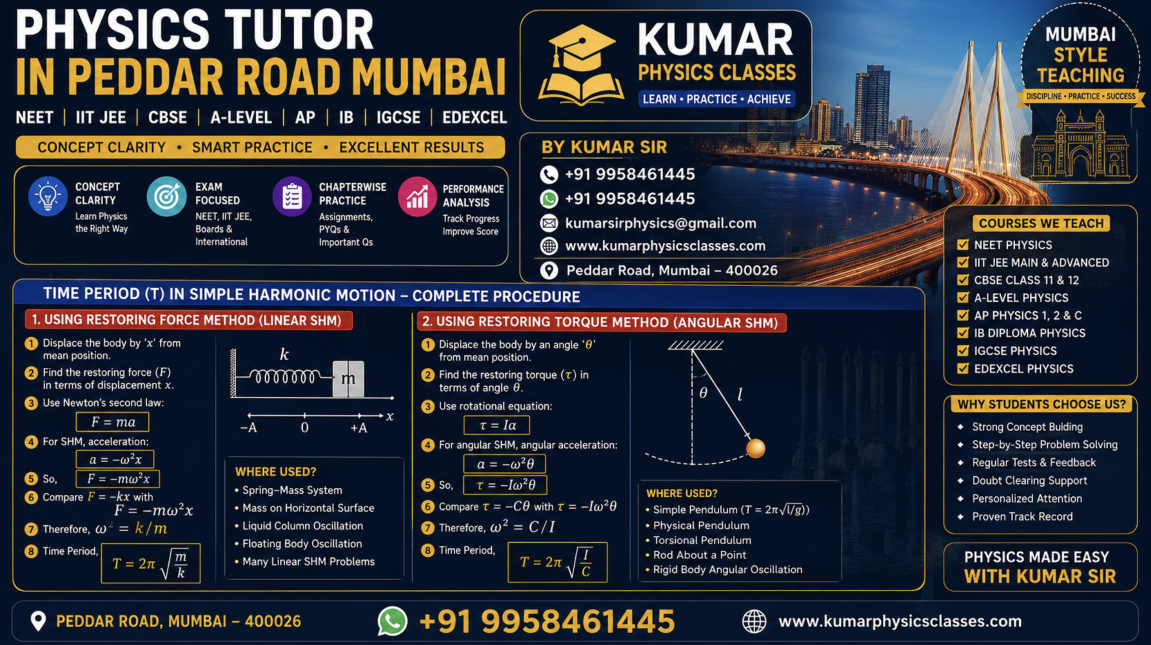 Physics Tutor in Peddar Road Mumbai for NEET, IIT JEE, CBSE, IB, IGCSE, Edexcel, A-Level and AP Physics by Kumar Sir